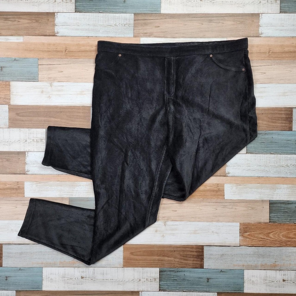 HUE Black Corduroy Leggings Womens XXL Pull On‎ Stretch Skinny Pants Faux Fly